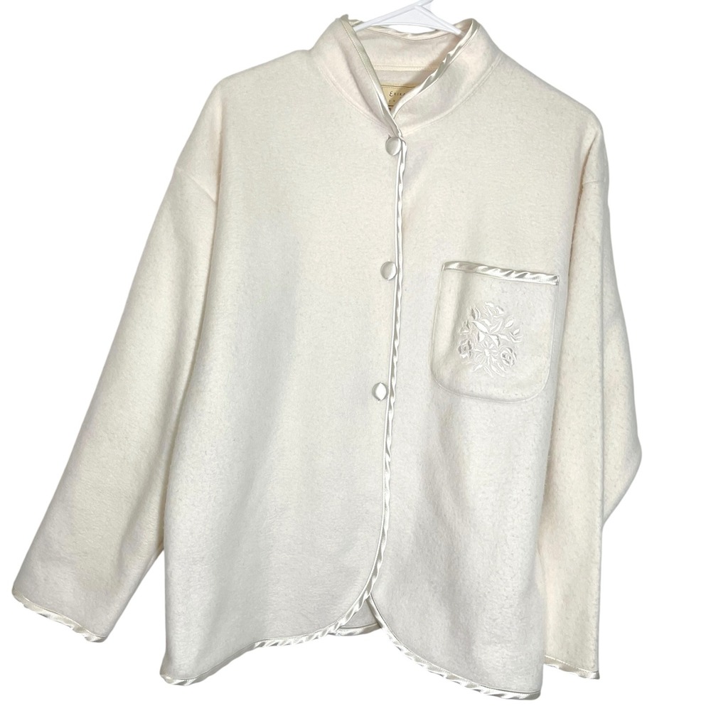 Erika Taylor Intimates S Cream Fleece Bed Jacket Satin Trim Floral Coquette Cozy